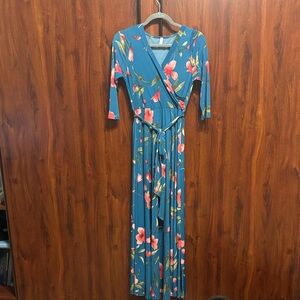 Pinkblush Teal Floral Wrap Maxi Dress with Coral Blooms